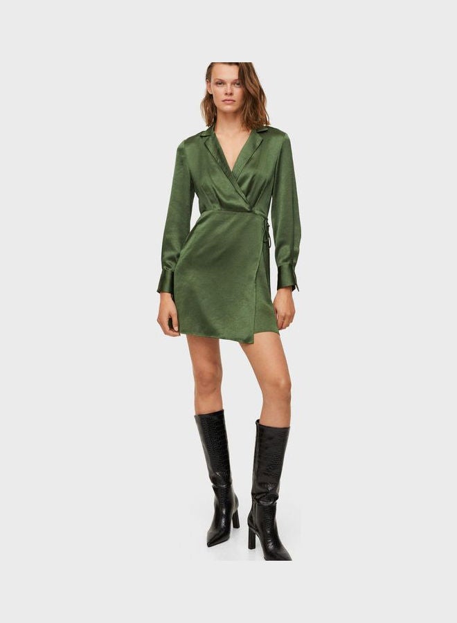 MANGO Side Tie Wrap Dress Green - Image 3