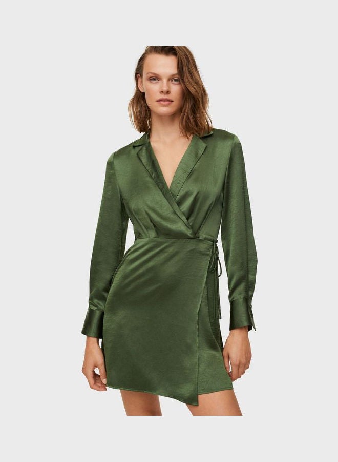 MANGO Side Tie Wrap Dress Green - Image 1