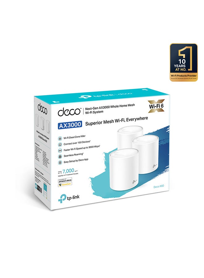 TP-LINK - Deco X60 (3-Pack) AX3000 Whole Home Advanced Mesh Wi-Fi 6 System, Coverage for 4-7+ Bedroom Houses, Connect up to 150 Devices, WPA3 Security & Built-in Antivirus, Parental Controls, Works with Alexa White - Image 1