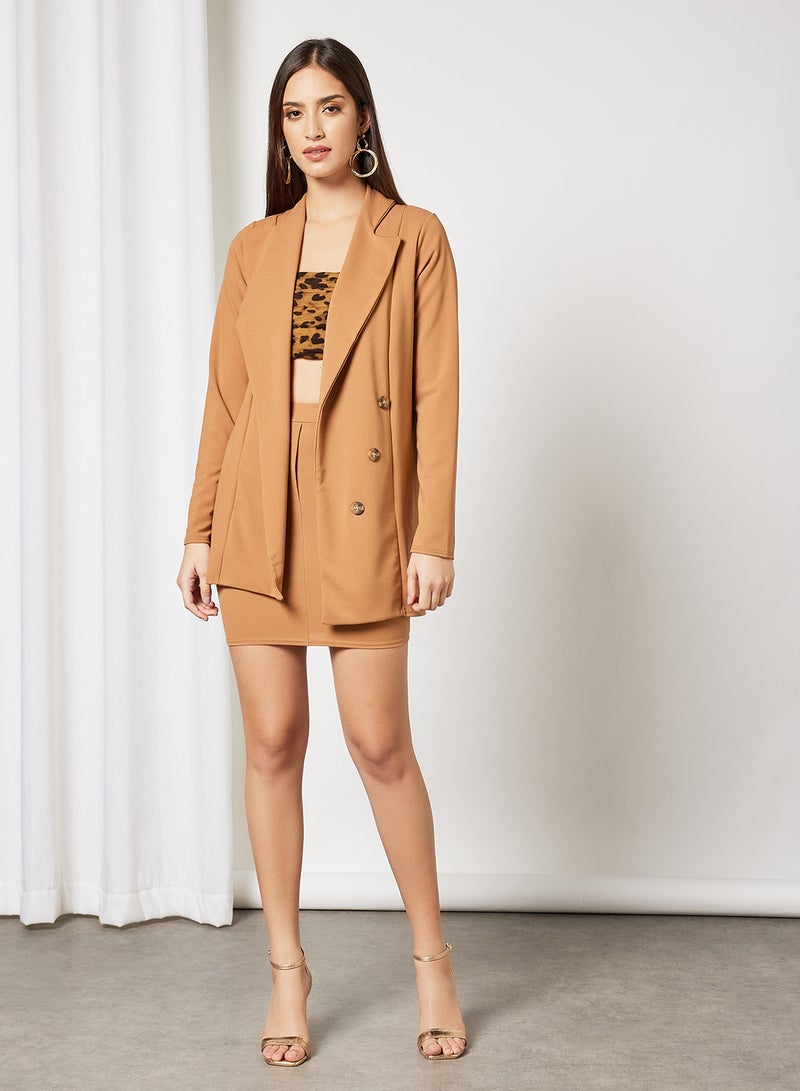 FEMME LUXE Button Blazer And Mini Skirt Set Camel  - Image 1