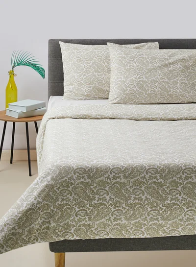 Noon East Duvet Cover Set - With 1 Duvet Cover 200X200 Cm And 2 Pillow Cover 50X75 Cm - 100% Cotton Udaipur Paisly Percale - 180 Thread Count White/Green Queen