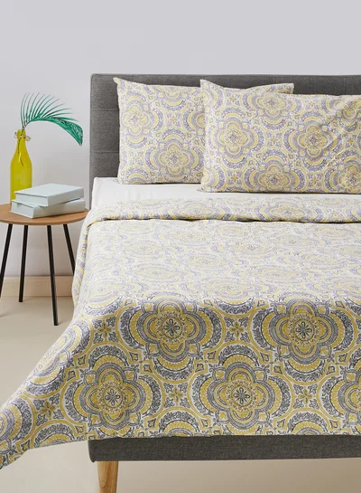 Noon East Duvet Cover Set - With 1 Duvet Cover 200X200 Cm And 2 Pillow Cover 50X75 Cm - 100% Cotton Morgan Percale Print Taupe - 180 Thread Count White/Grey/Yellow Queen