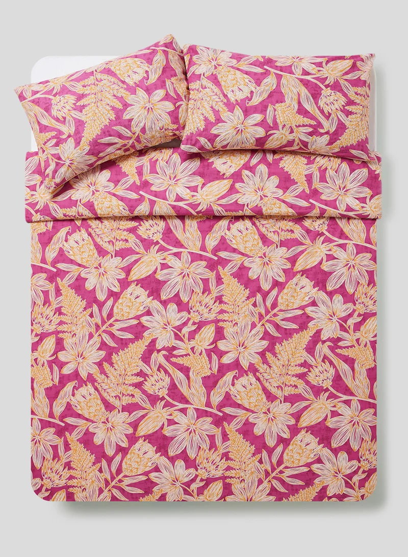 Noon East Duvet Cover Set - With 1 Duvet Cover 200X200 Cm And 2 Pillow Cover 50X75 Cm - 100% Cotton Delray Percale Print Fuschia - 180 Thread Count Pink/Mustard Yellow Queen