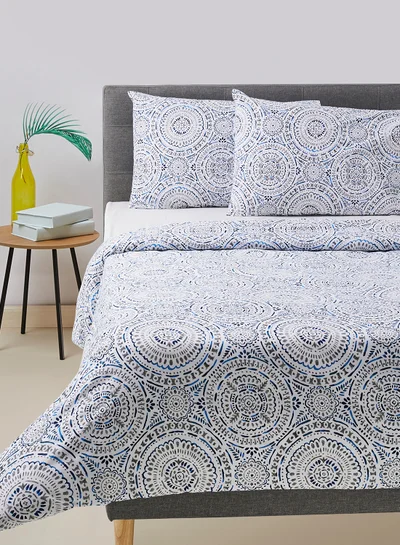 Noon East Duvet Cover Set - With 1 Duvet Cover 200X200 Cm And 2 Pillow Cover 50X75 Cm - 100% Cotton Lodhi Percale - 180 Thread Count White/Black/Blue Queen