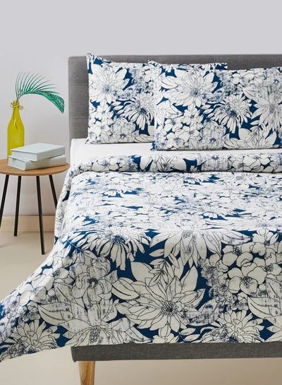 Noon East Duvet Cover Set With Pillow Cover 50X75 Cm, Comforter 260X220 Cm - 100% Cotton Indiana Percale - 180 Thread Count White/Blue Super King