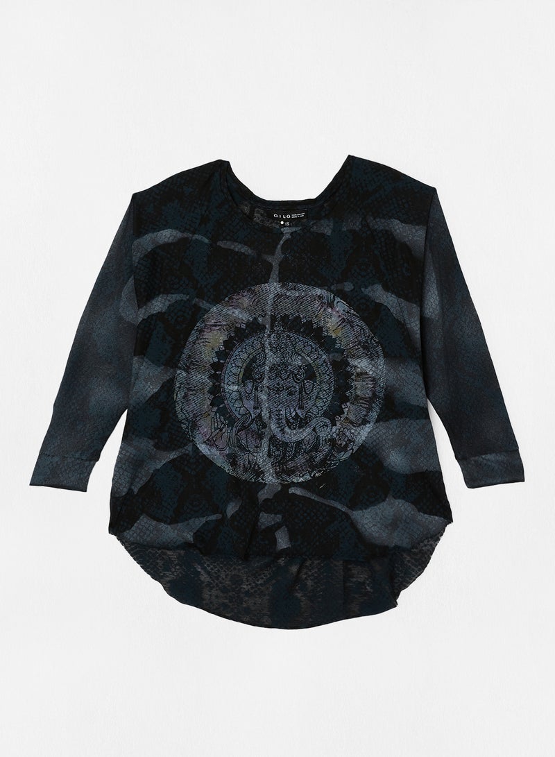 Aila Printed Three-Quarter Sleeve T-Shirt Black  - Image 1