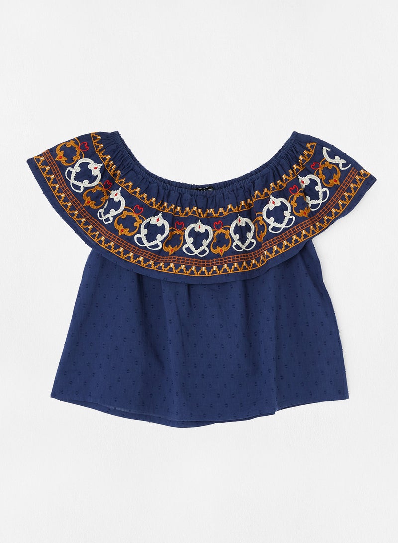 Aila Casual Stylish Off Shoulder Top With Embroidered Neck Navy Blue  - Image 1