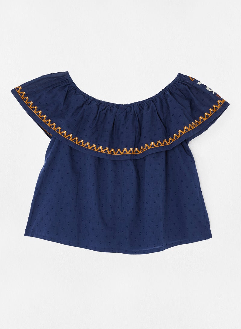 Aila Casual Stylish Off Shoulder Top With Embroidered Neck Navy Blue  - Image 2