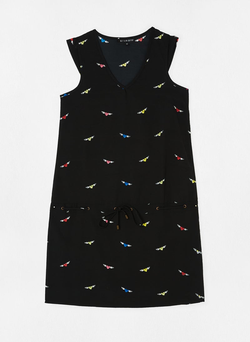 Aila Casual Stylish Prined V-Neck Mini Sleeveless Dress Black  - Image 1