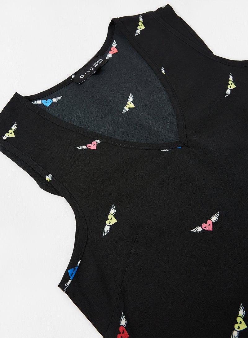 Aila Casual Stylish Prined V-Neck Mini Sleeveless Dress Black  - Image 3