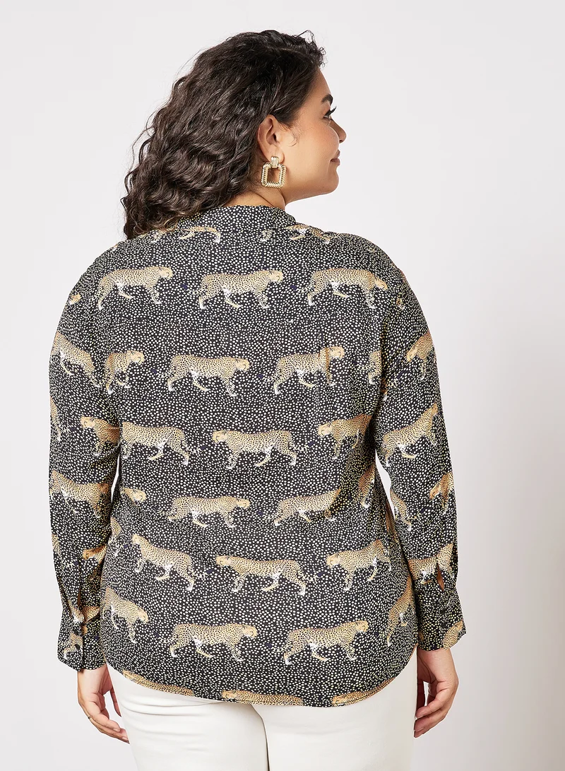 Violeta By Mango Plus Size Leopard Print Blouse Black