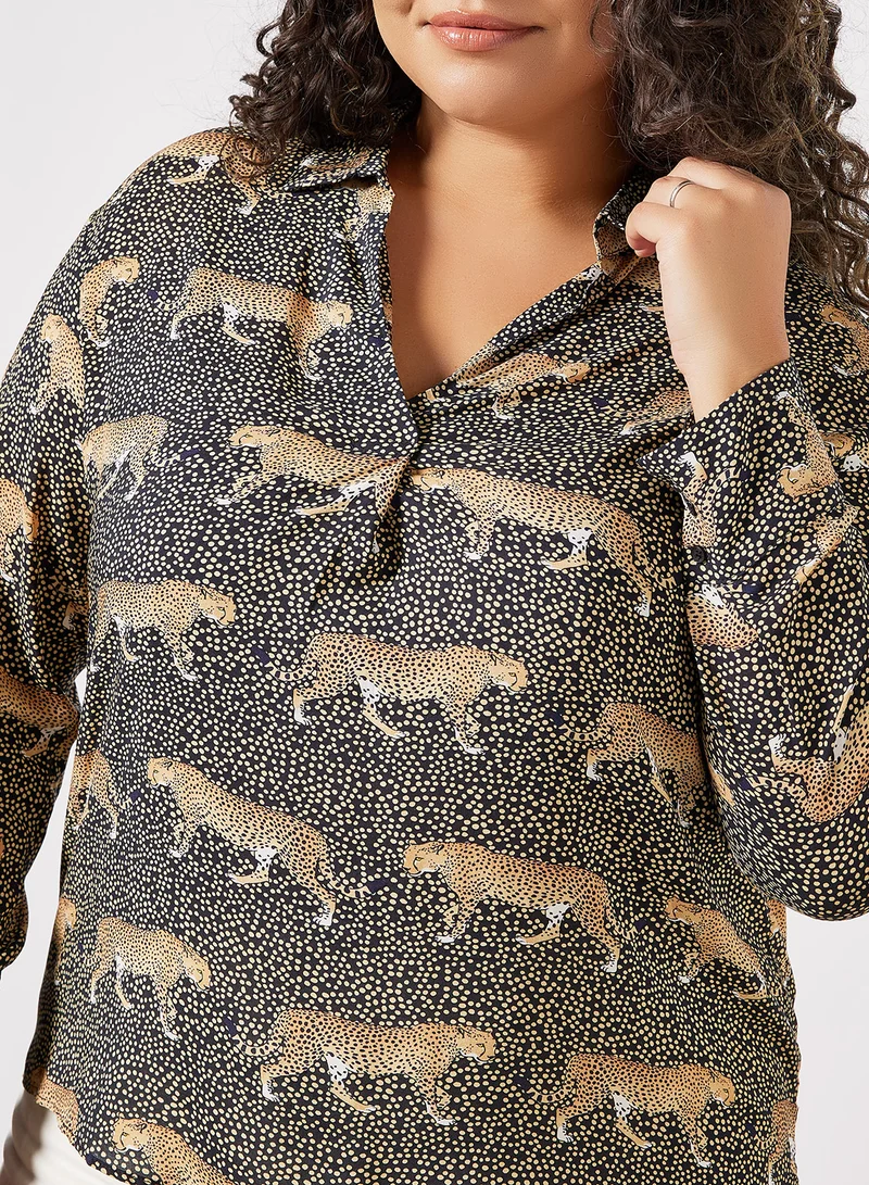 Violeta By Mango Plus Size Leopard Print Blouse Black