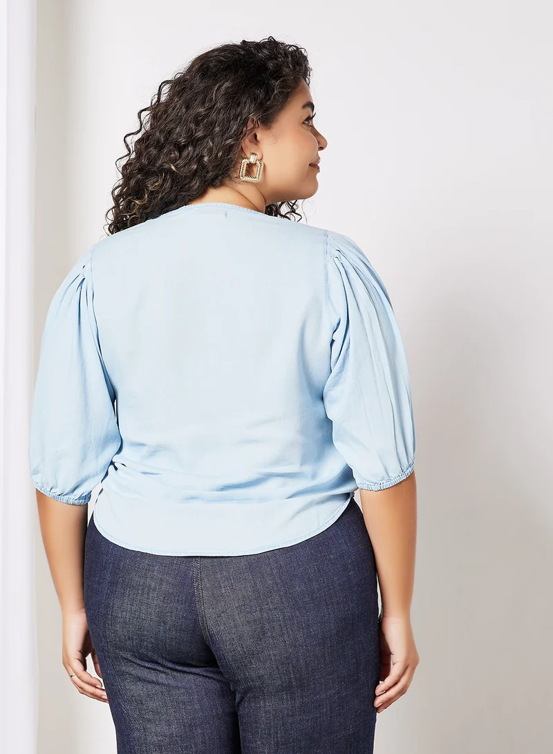 Violeta By Mango Plus Size Knot Front Top Blue