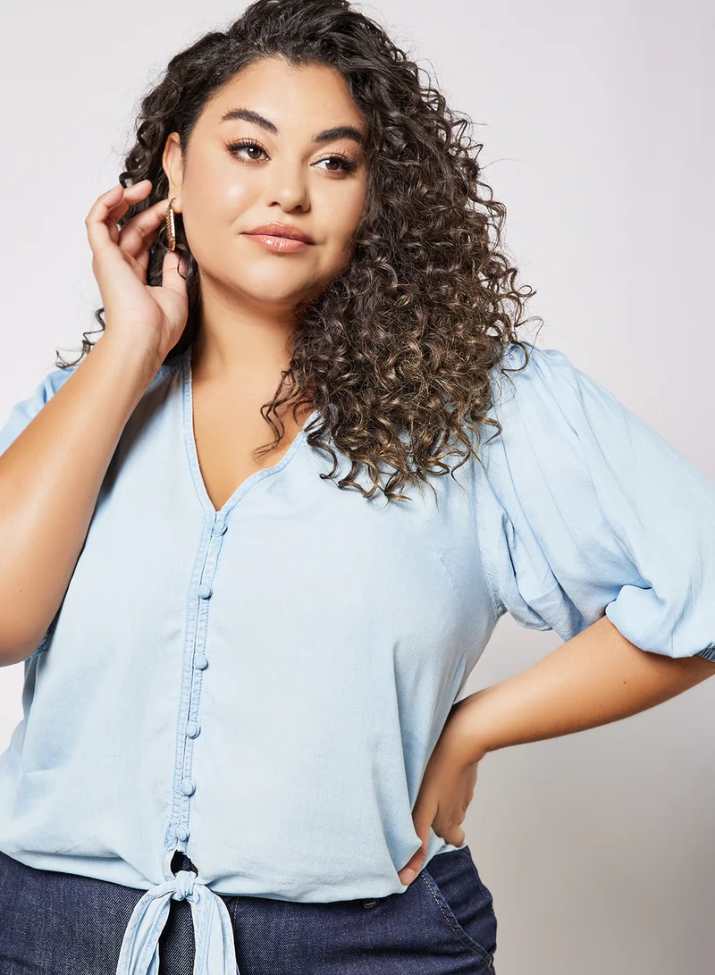 Violeta By Mango Plus Size Knot Front Top Blue