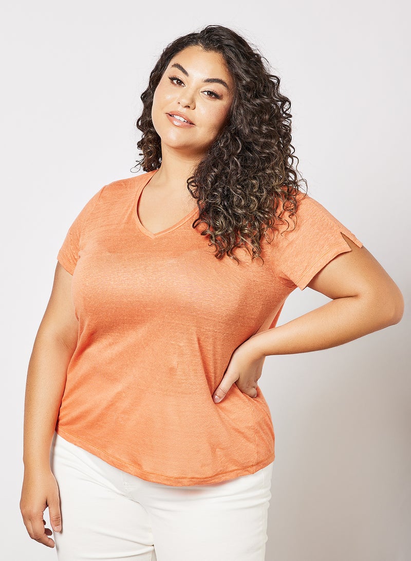 Violeta By Mango - Plus Size Linen T-Shirt Orange - Image 1