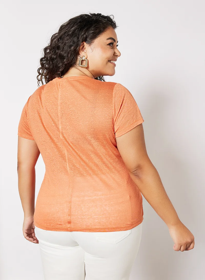 Violeta By Mango Plus Size Linen T-Shirt Orange