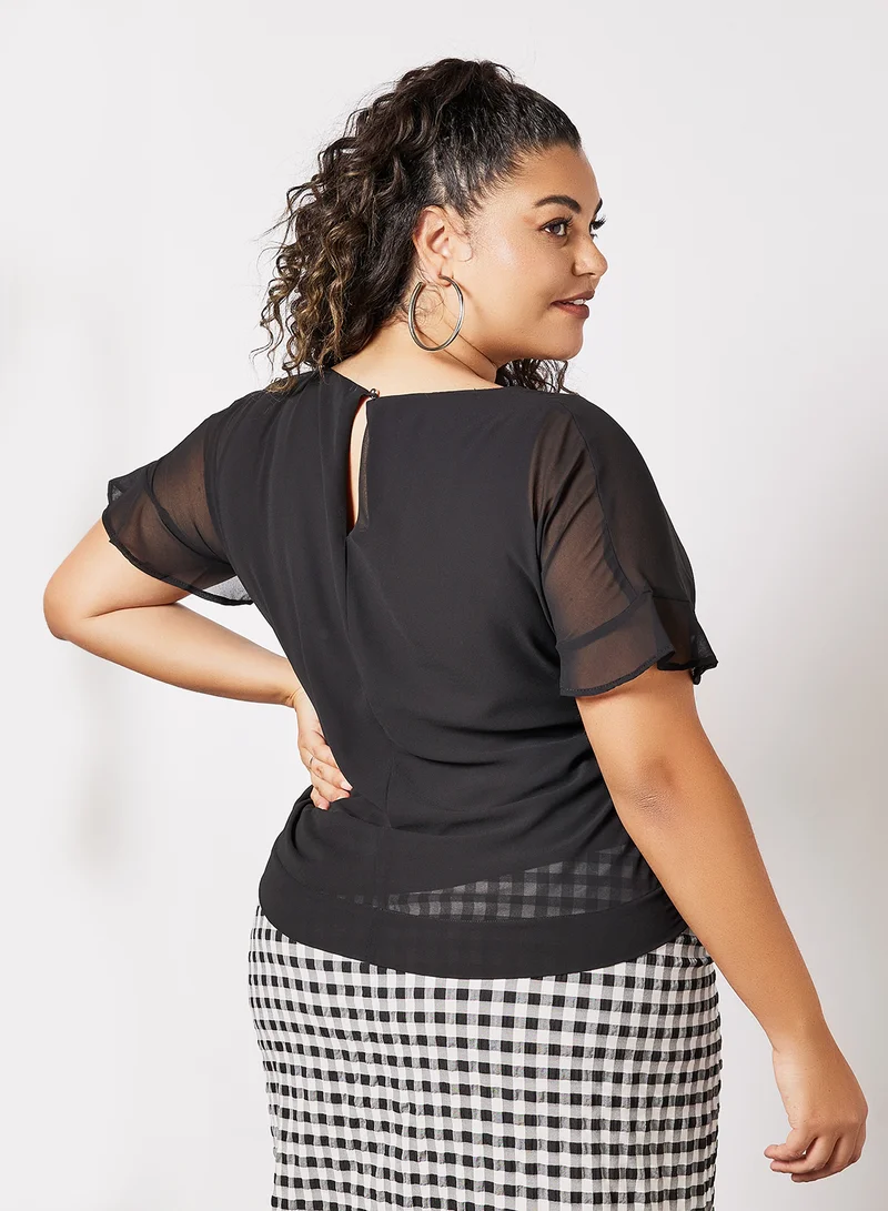 Violeta By Mango Plus Size Ruffle Sleep Trim Top Black