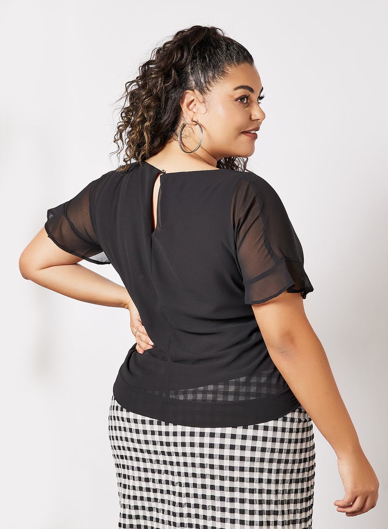 Violeta By Mango - Plus Size Ruffle Sleep Trim Top Black - Image 1