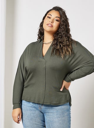 Plus Size Solid Polo Green