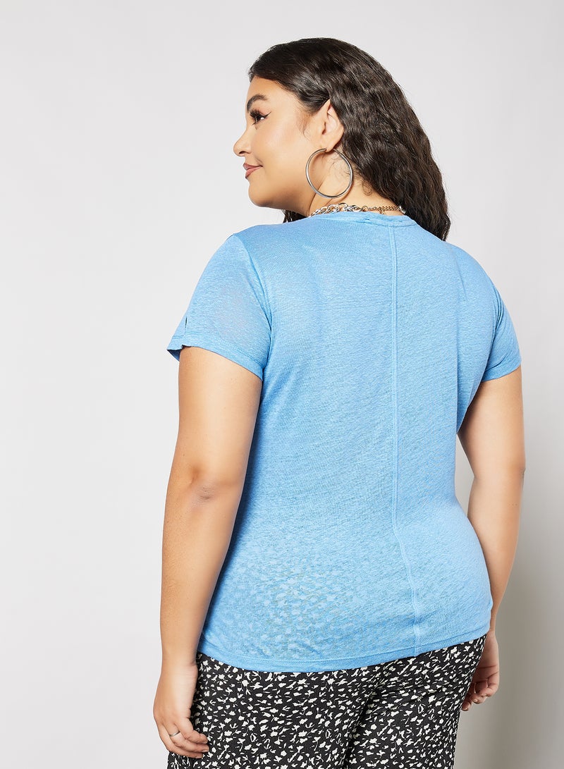 Violeta By Mango - Plus Size Linen T-Shirt Blue - Image 1
