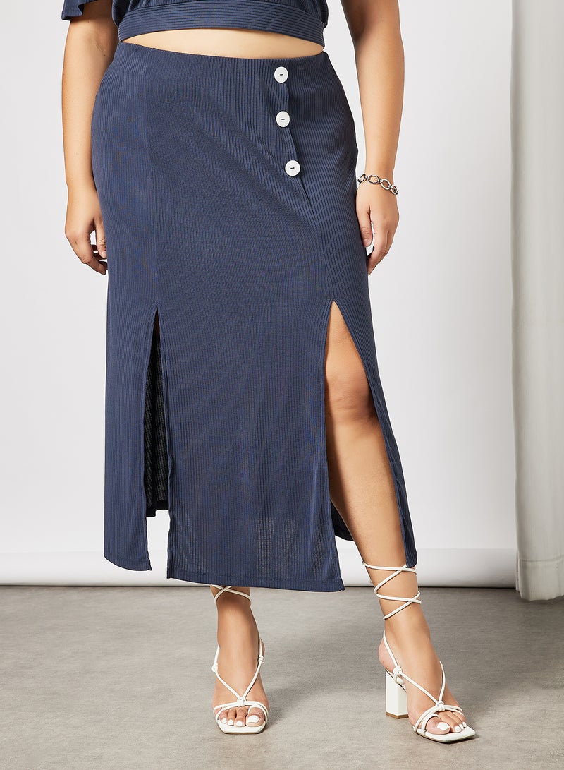 Violeta By Mango - Plus Size Side Slit Skirt Navy - Image 1