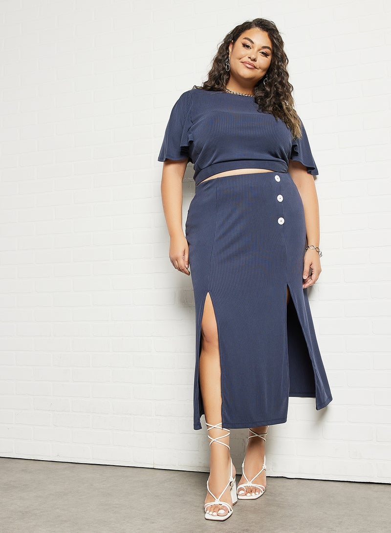Violeta By Mango - Plus Size Side Slit Skirt Navy - Image 1
