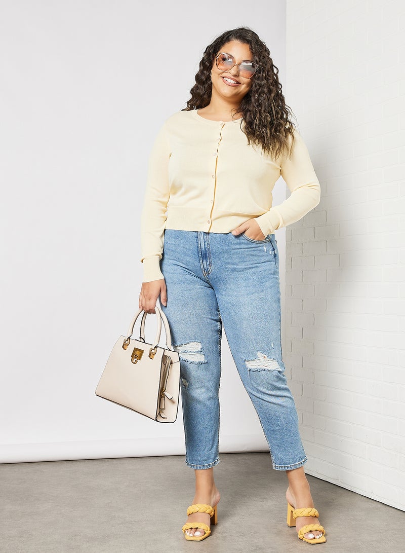 Violeta By Mango - Plus Size Fine Knit Cardigan Light Yellow - Image 1