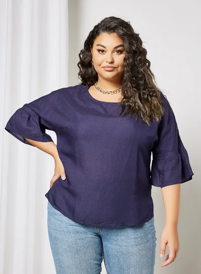 Violeta By Mango Plus Size Ruffle Detail Blouse Navy