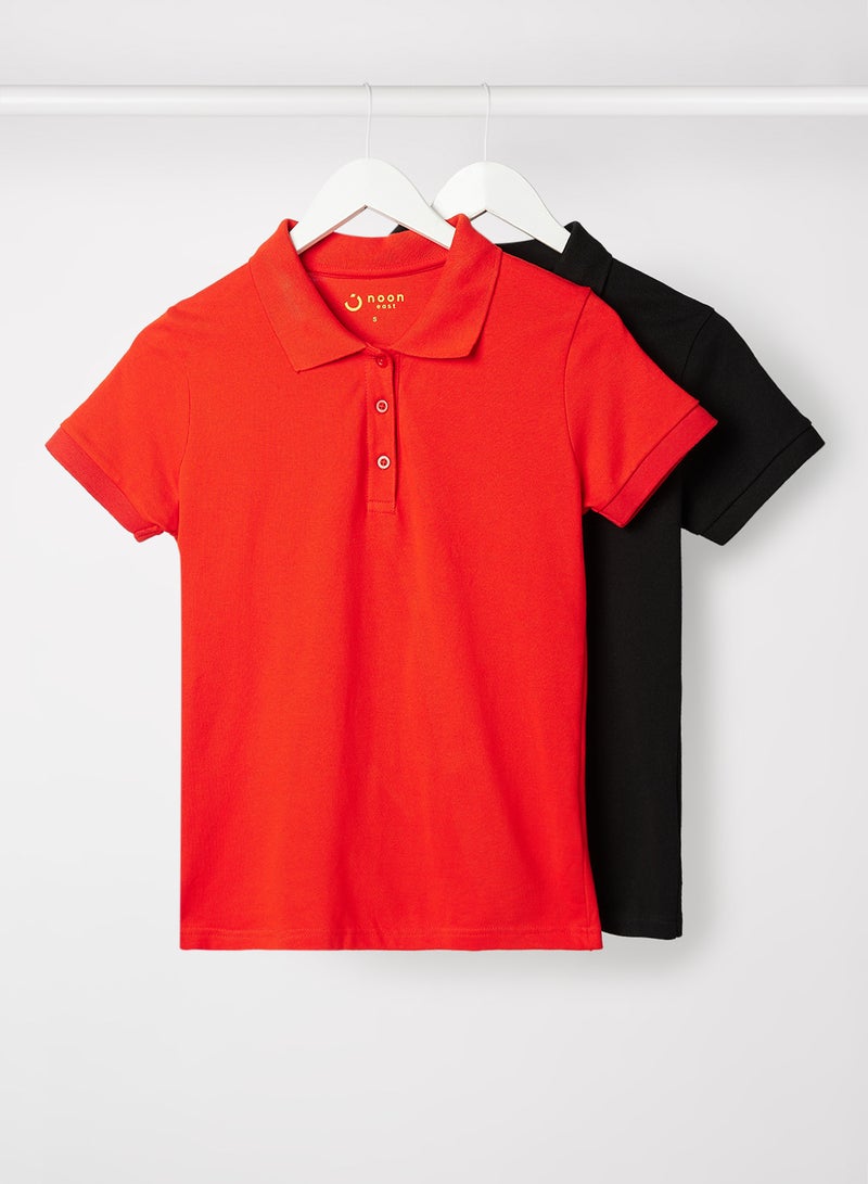 Noon East - Women's Casual Comfortable Regular Fit Polo Neck T-Shirt Short Sleeves in Premium Bio Washed Cotton Red/Black - Image 1