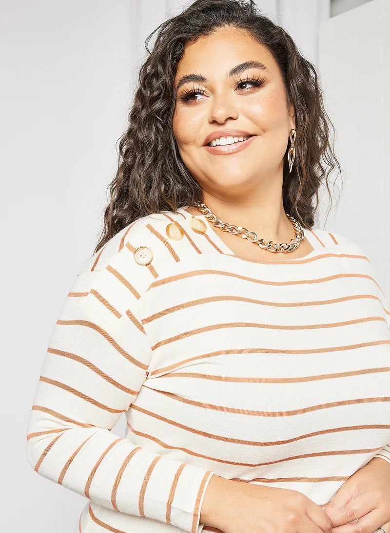 Violeta By Mango Plus Size Striped T-Shirt Offwhite