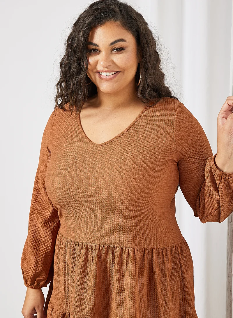 Violeta By Mango Tiered Waffle Knit Dress Brown