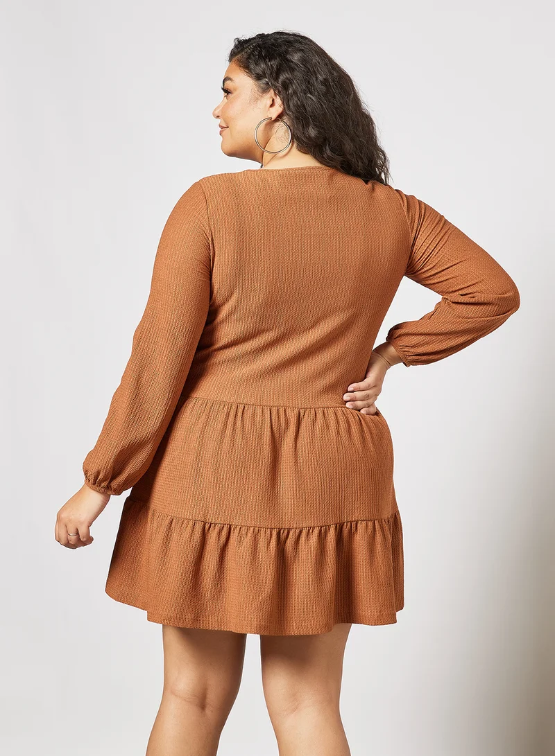 Violeta By Mango Tiered Waffle Knit Dress Brown