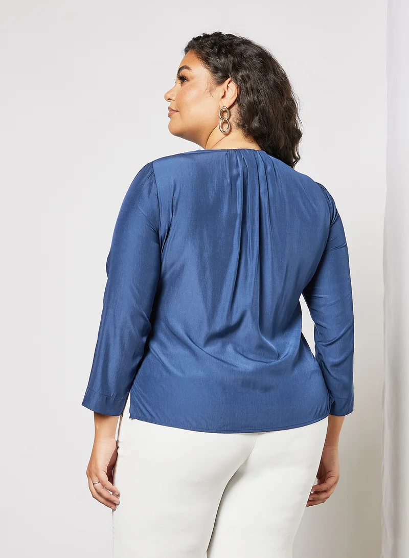Violeta By Mango Plus Size Tie-Up Neck Blouse Blue