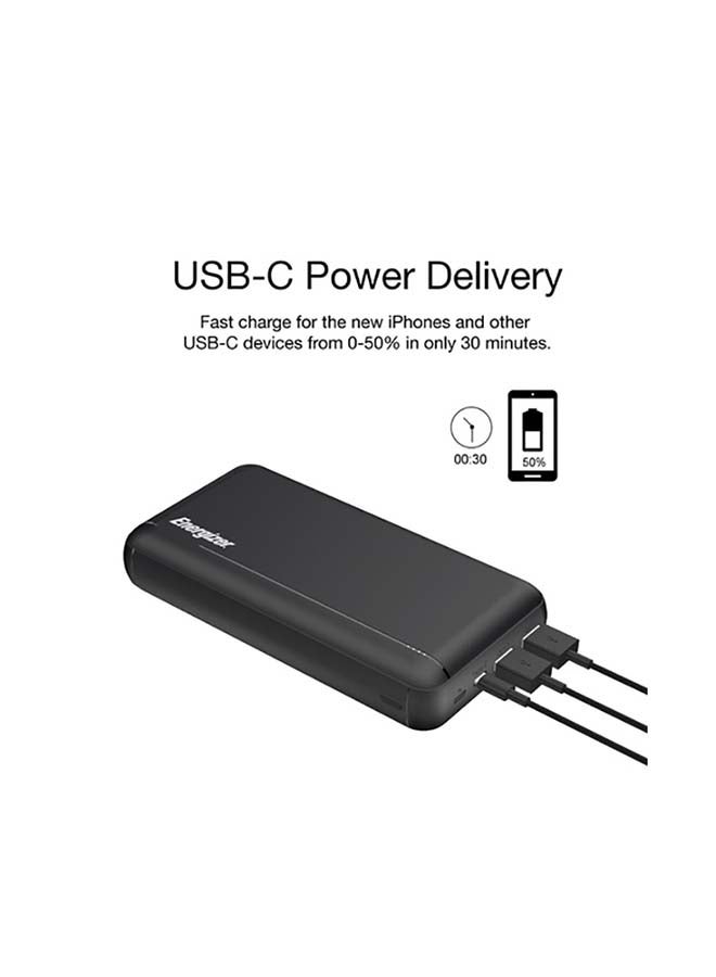 30000 mAh Ultimate Fast Charging PD Power Bank, Triple Outputs - 22.5W Power Delivery For iPhones, Dual 18W Smart USB-A For Android Devices, Dual Inputs, Micro-USB And Type-C Black
