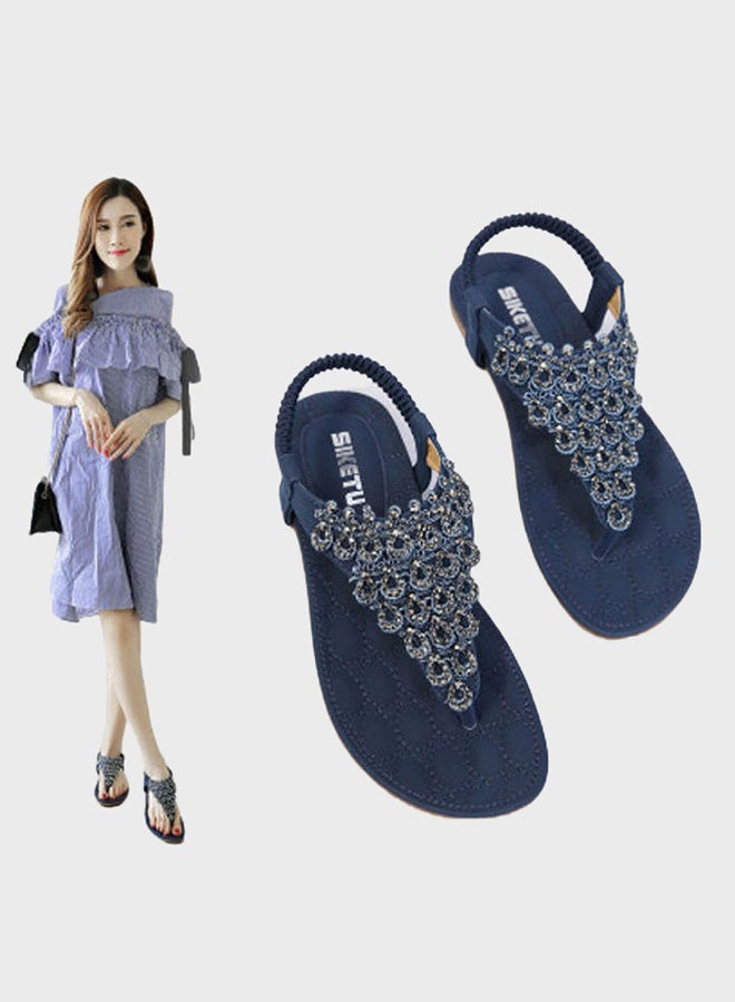 بيوينتي صندل مسطح مزخرف بتفاصيل أحجار أزرق / بيج - Image 2