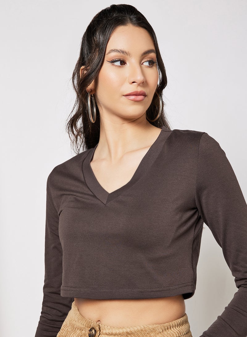 LABEL RAIL - V-Neck Cropped T-Shirt Brown - Image 1