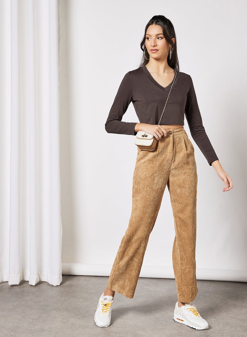 LABEL RAIL - V-Neck Cropped T-Shirt Brown - Image 1