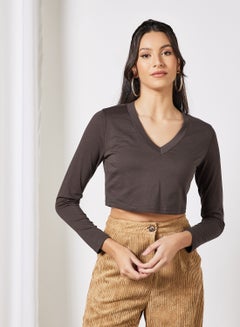 LABEL RAIL V-Neck Cropped T-Shirt Brown  - Image 1