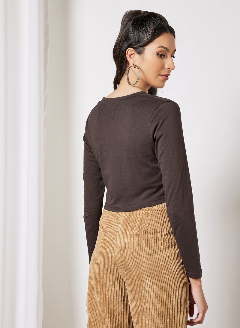 LABEL RAIL - V-Neck Cropped T-Shirt Brown - Image 1