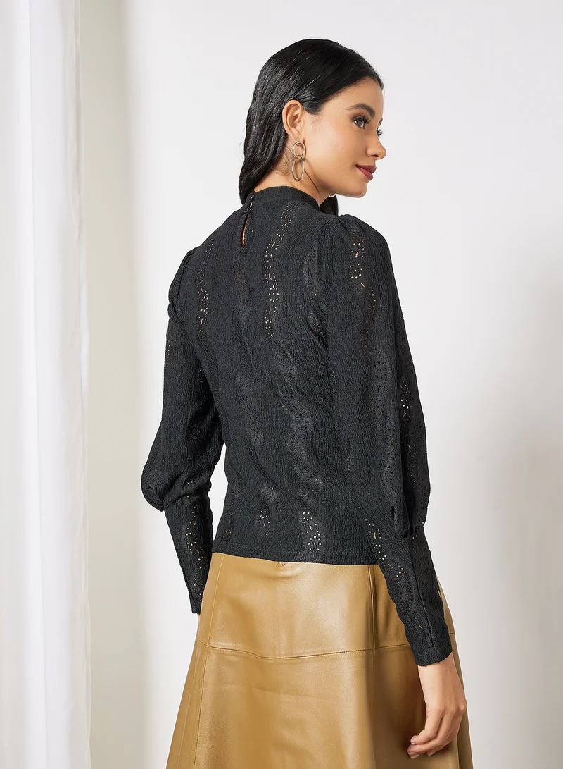 Y.A.S Broderie Anglaise High Neck Top Black