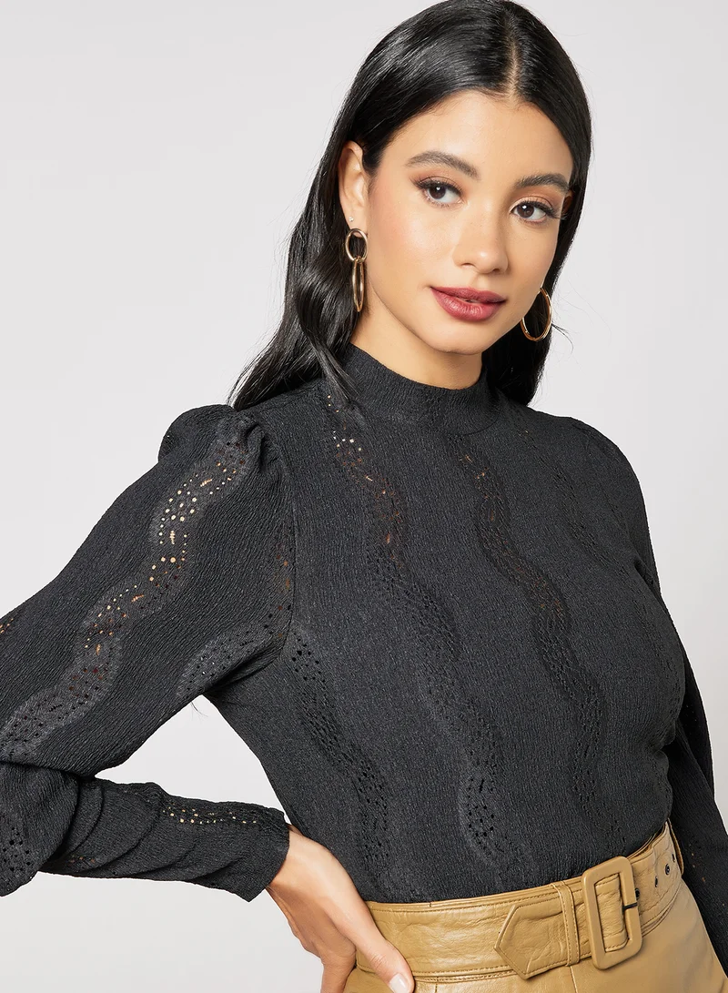 Y.A.S Broderie Anglaise High Neck Top Black