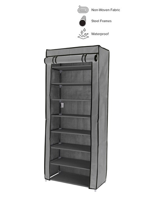 Freestanding Multipurpose Fabric Wardrobe Organiser With 8-Tier Storage Rack Dark Grey/Black Stripe 142 x 60 x 30cm