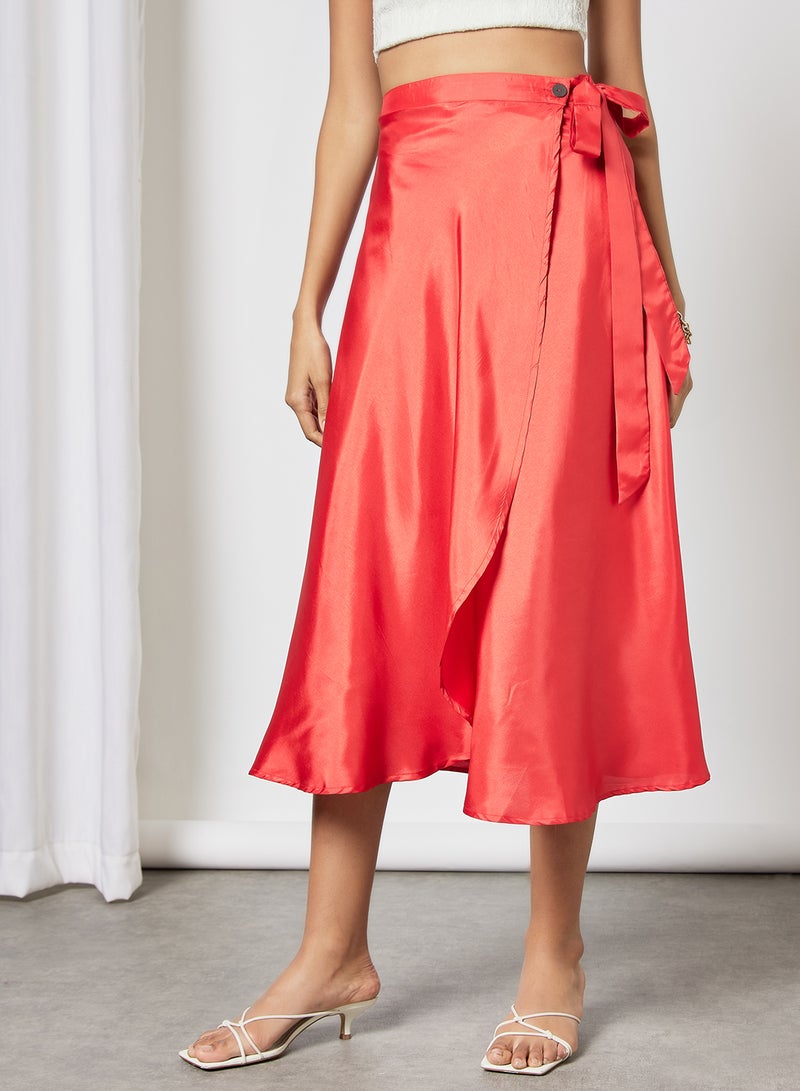 Aila - Solid Pattern Tie-Waist Midi Skirt Coral - Image 1