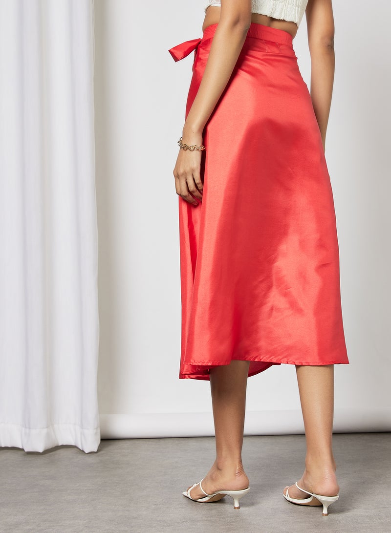 Aila - Solid Pattern Tie-Waist Midi Skirt Coral - Image 1