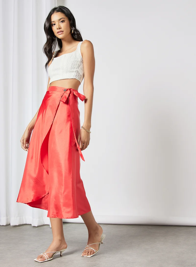 Aila Solid Pattern Tie-Waist Midi Skirt Coral