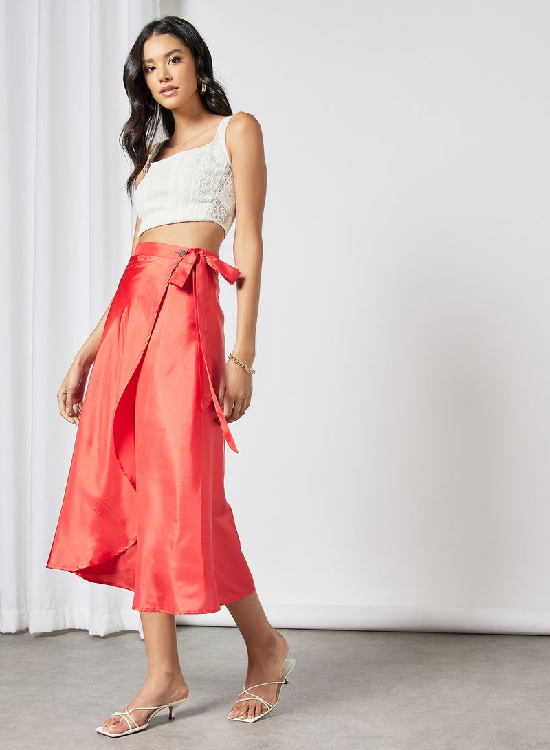 Aila - Solid Pattern Tie-Waist Midi Skirt Coral - Image 1