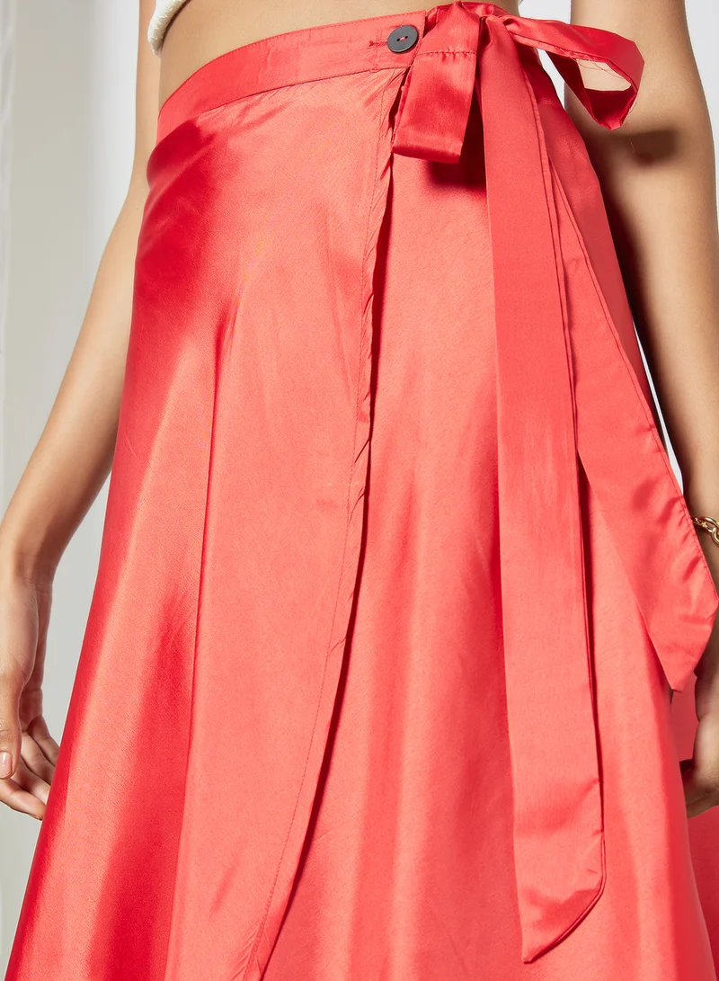 Aila Solid Pattern Tie-Waist Midi Skirt Coral
