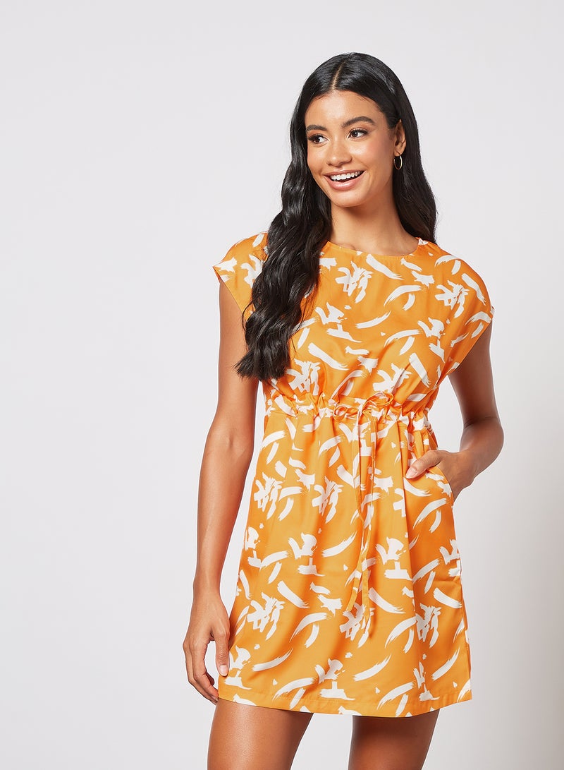 Aila Women's Tie-Up Waist Casual Wear Dress Orange/White  - Image 1