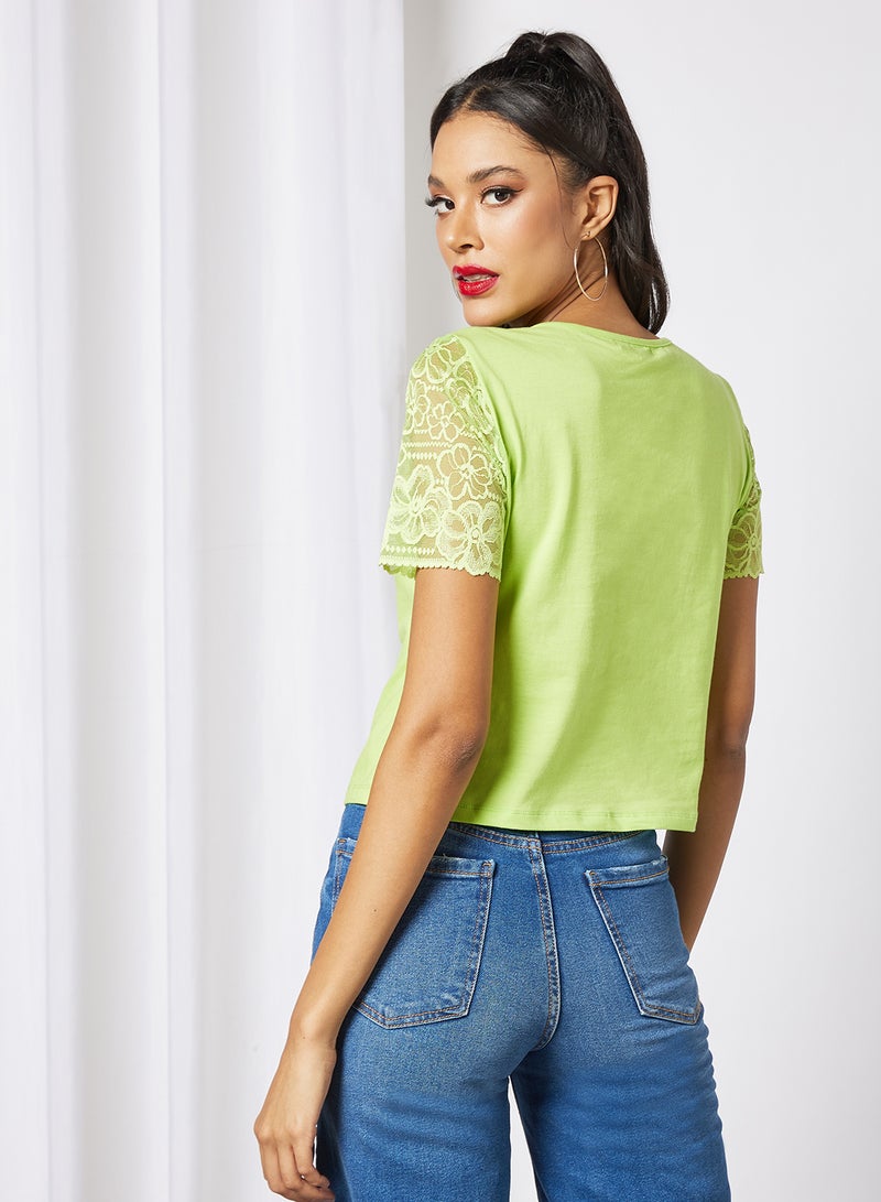 Aila - Women's Casual Lace Detail Short Sleeve Cotton Blend Tops With Round Neck Green - Image 1