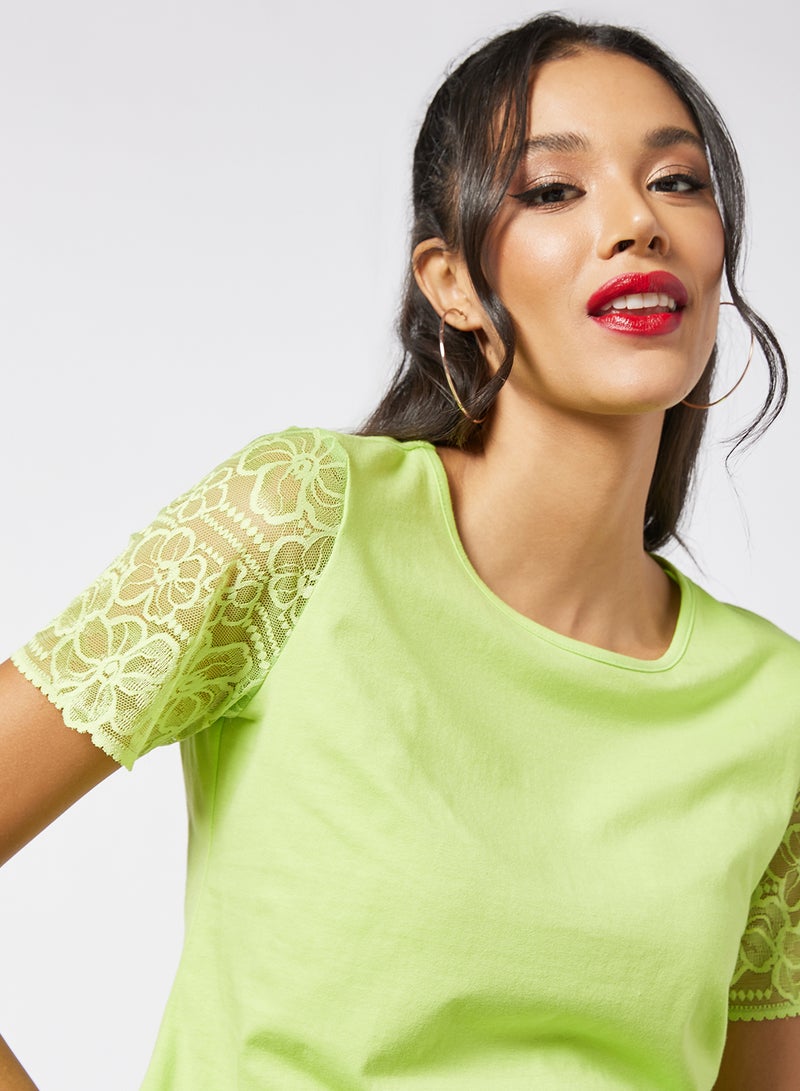 Aila - Women's Casual Lace Detail Short Sleeve Cotton Blend Tops With Round Neck Green - Image 1